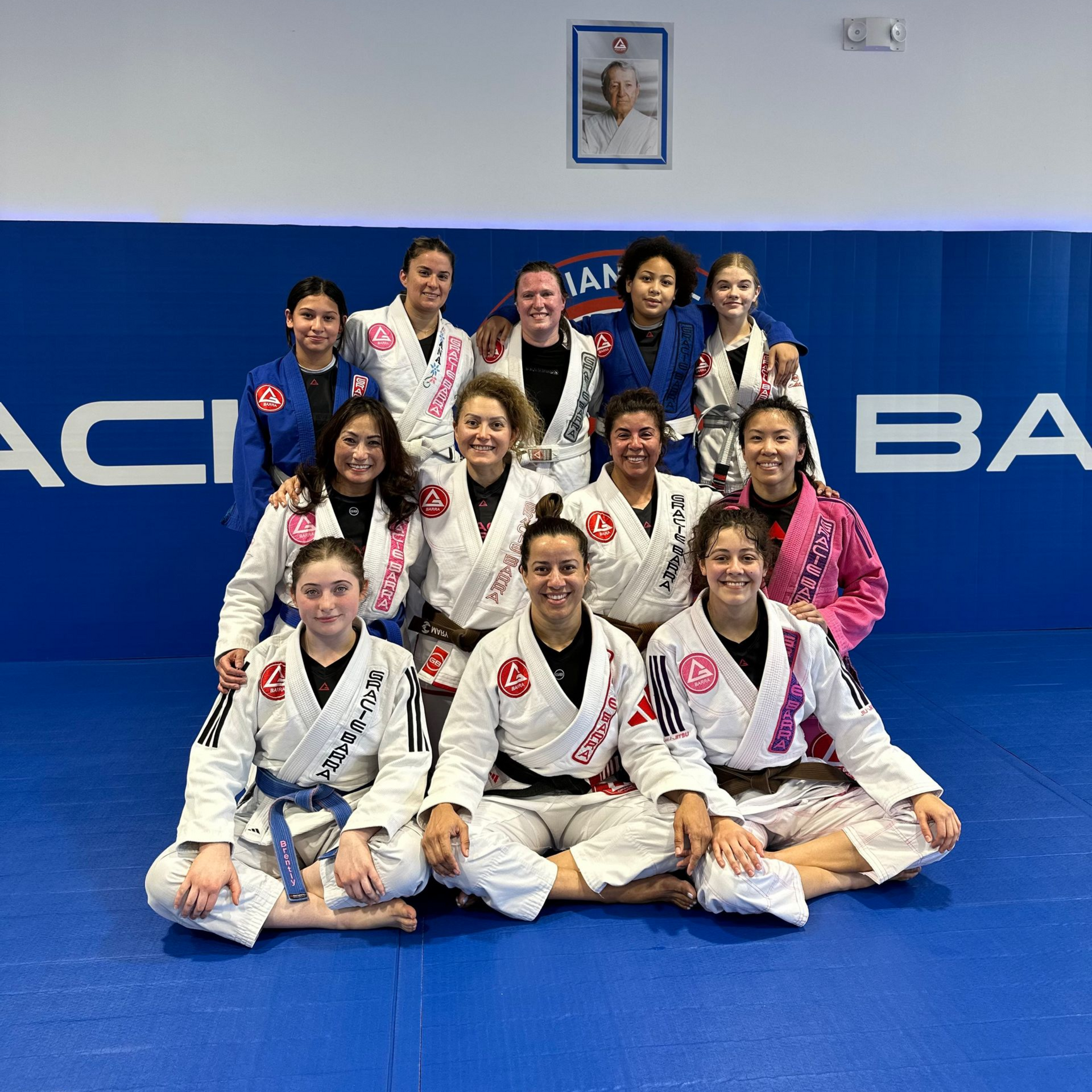 Group of jiu-jitsu practitioners posing in white and blue gis on a blue mat in Gracie Barra Sienna dojo in Fresno, TX