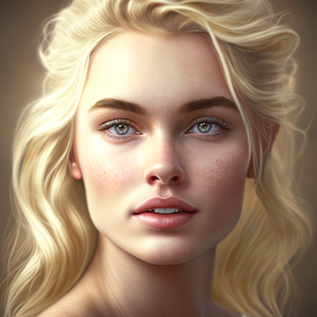Um close do rosto de uma mulher com cabelos loiros e olhos verdes