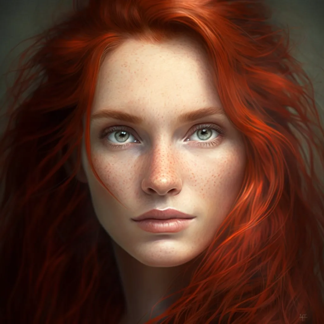 Um close do rosto de uma mulher com cabelos ruivos e olhos verdes.