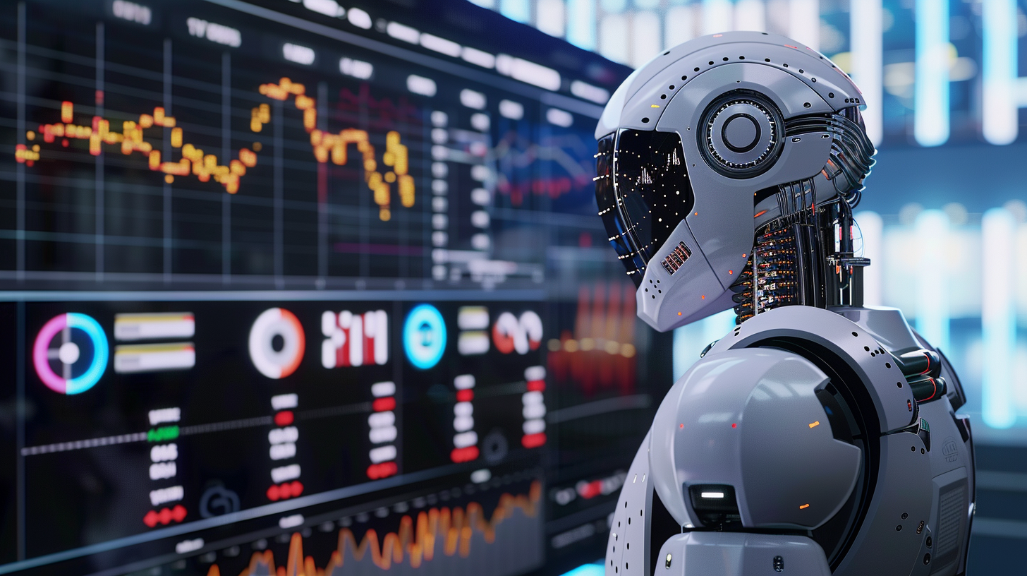 Um robô está olhando para uma tela de computador com um gráfico.