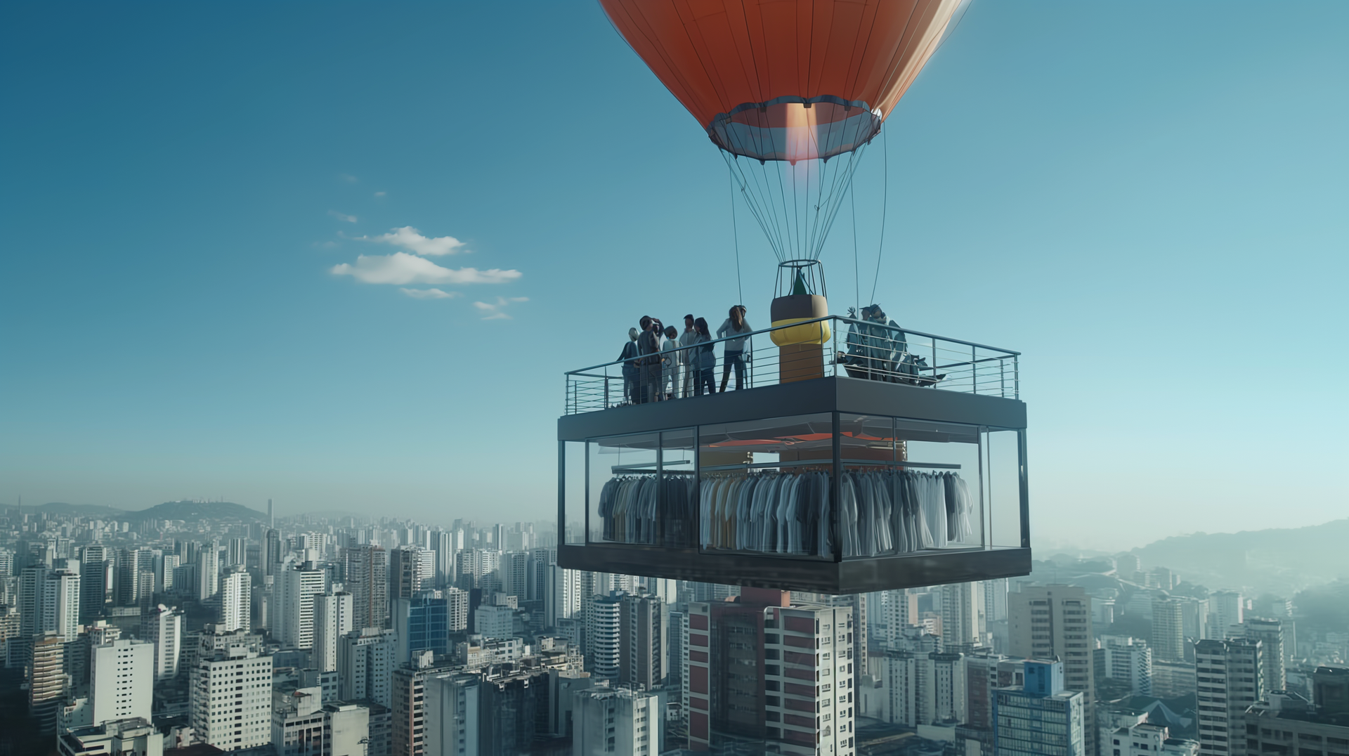 Uma loja de roupas penduradas por um balão de ar quente sobre a cidade de São Paulo.