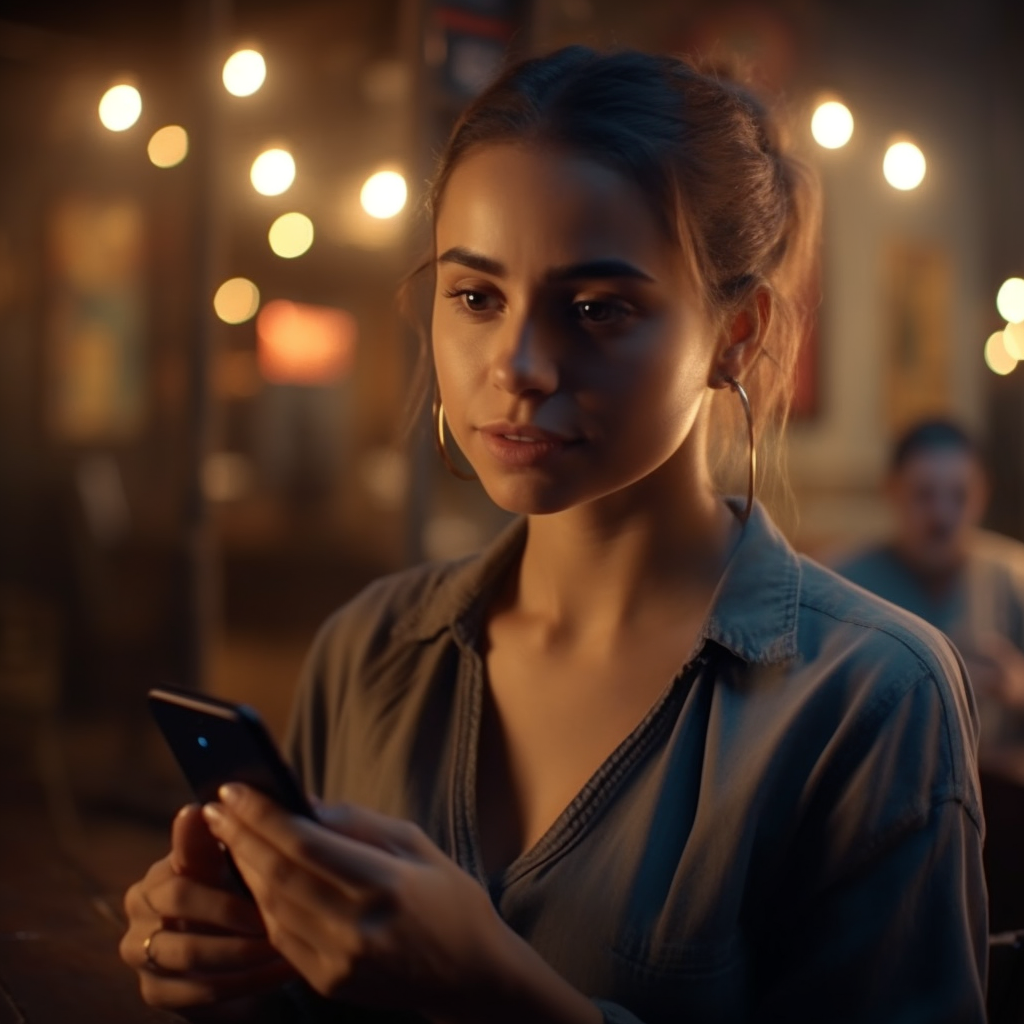 Uma mulher está olhando para o telefone em um quarto escuro