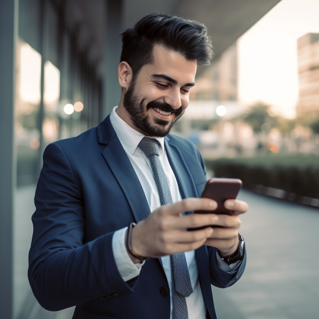 Um homem de terno e gravata está olhando para o celular