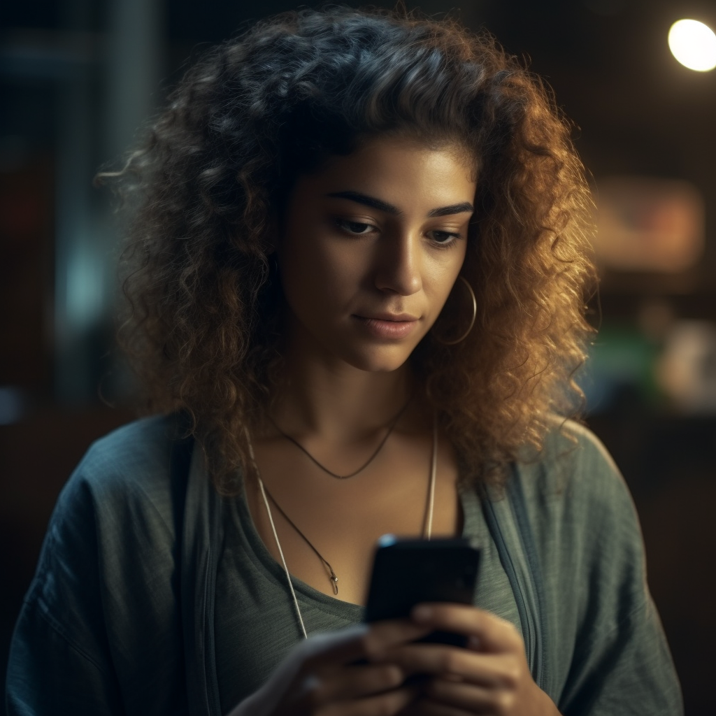 Uma mulher com cabelos cacheados está olhando para o celular