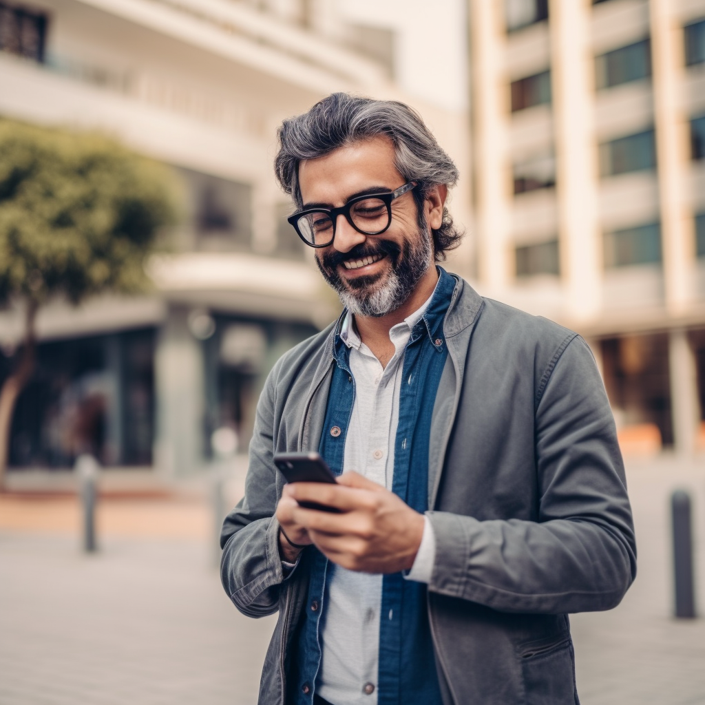 Um homem de terno e óculos está olhando para o celular.