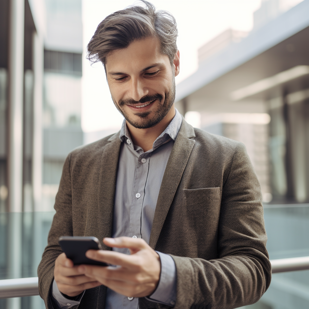 Um homem de terno está olhando para o celular.