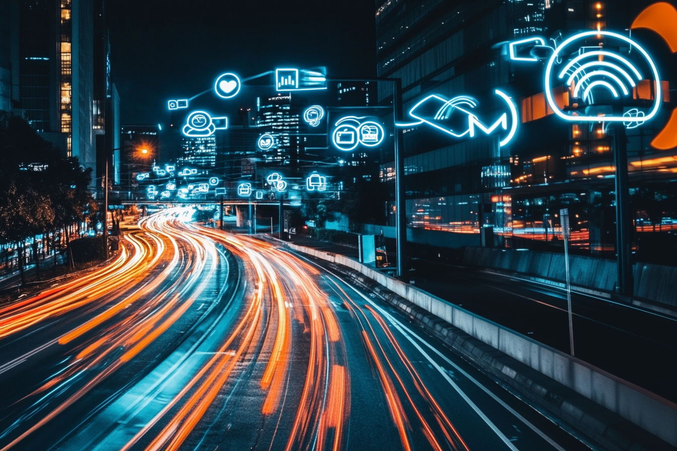 A long exposure photo of a highway at night with a city in the background.