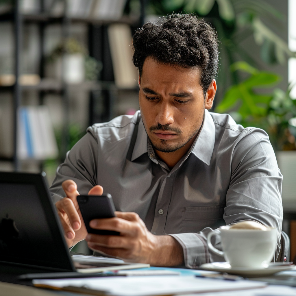 Um homem procurando a Agência Elefante Digital pelo celular, para fazer tráfego pago