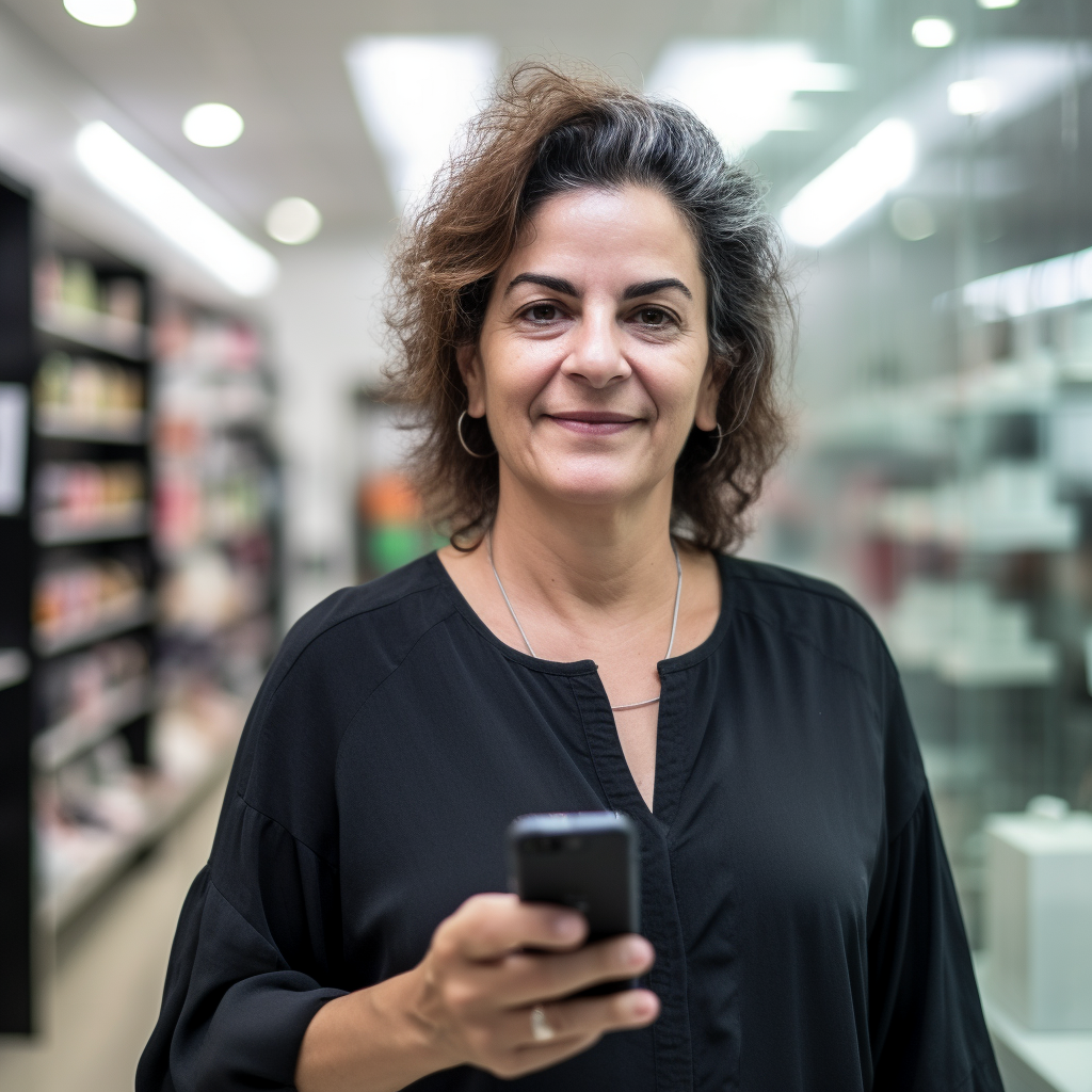 Uma mulher de camisa preta está segurando um telefone celular em uma loja.