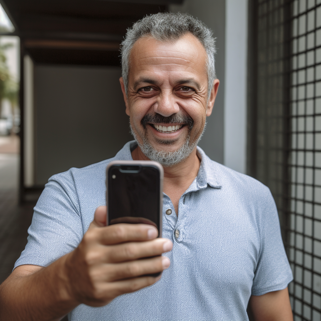 Um homem com barba está segurando um telefone celular e sorrindo.