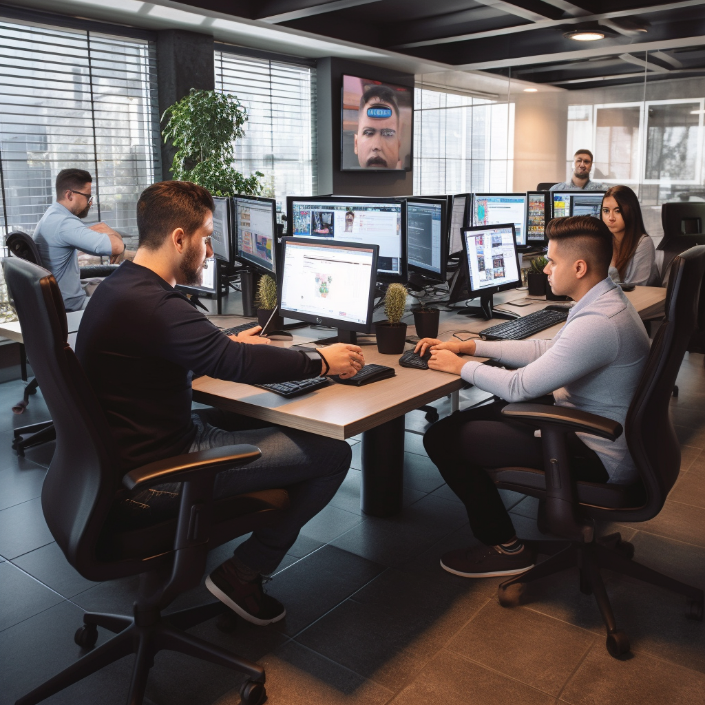 Um grupo de pessoas está trabalhando em computadores em um escritório.
