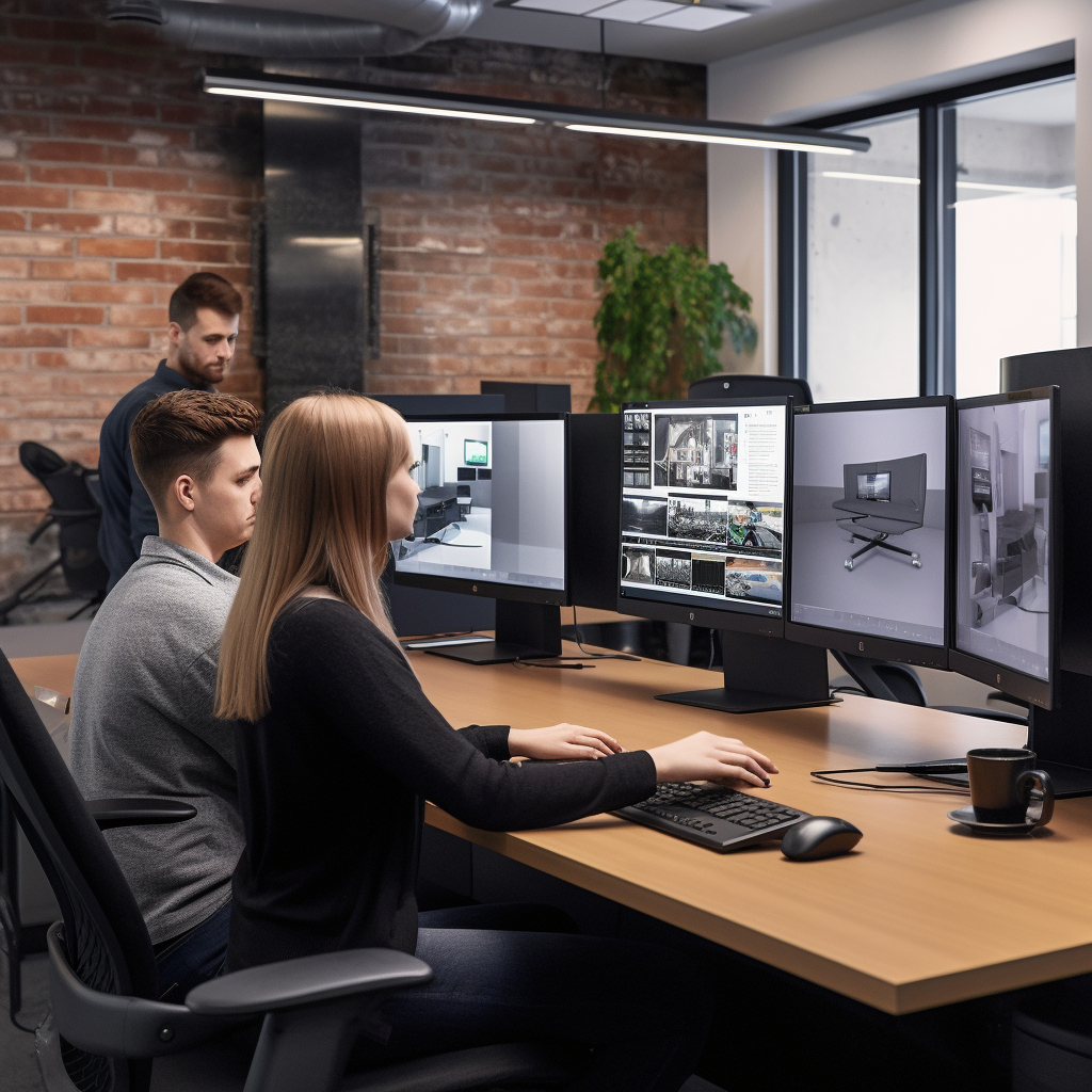 Um homem e uma mulher estão sentados em uma mesa em frente a monitores de computador.