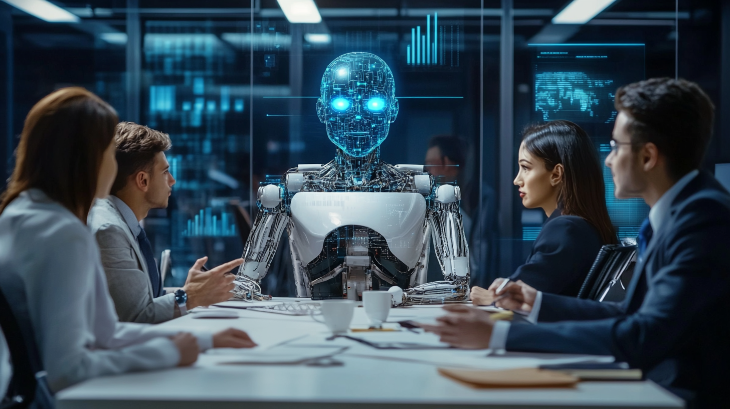 Um grupo de pessoas está sentado ao redor de uma mesa com um robô ao fundo.