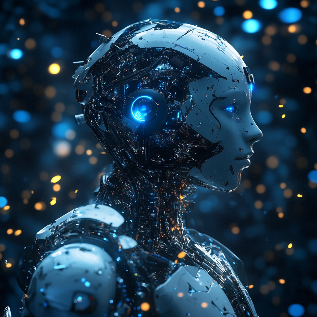 Um robô com olhos azuis e fones de ouvido representando o Meta AI