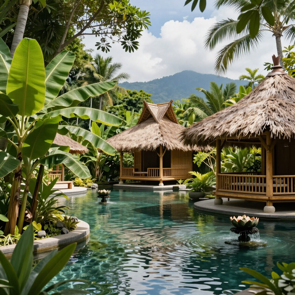 Tropical resort pool with thatched bungalows, lush palms, and mountain backdrop