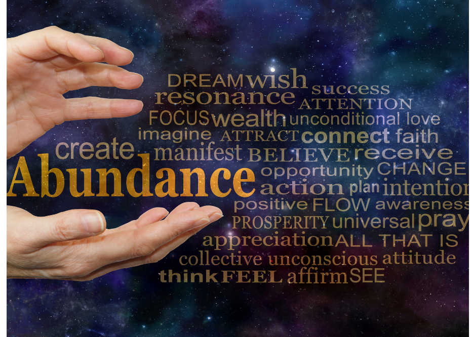 Hands cupping glowing word cloud with “Abundance” and related positive concepts on a dark background