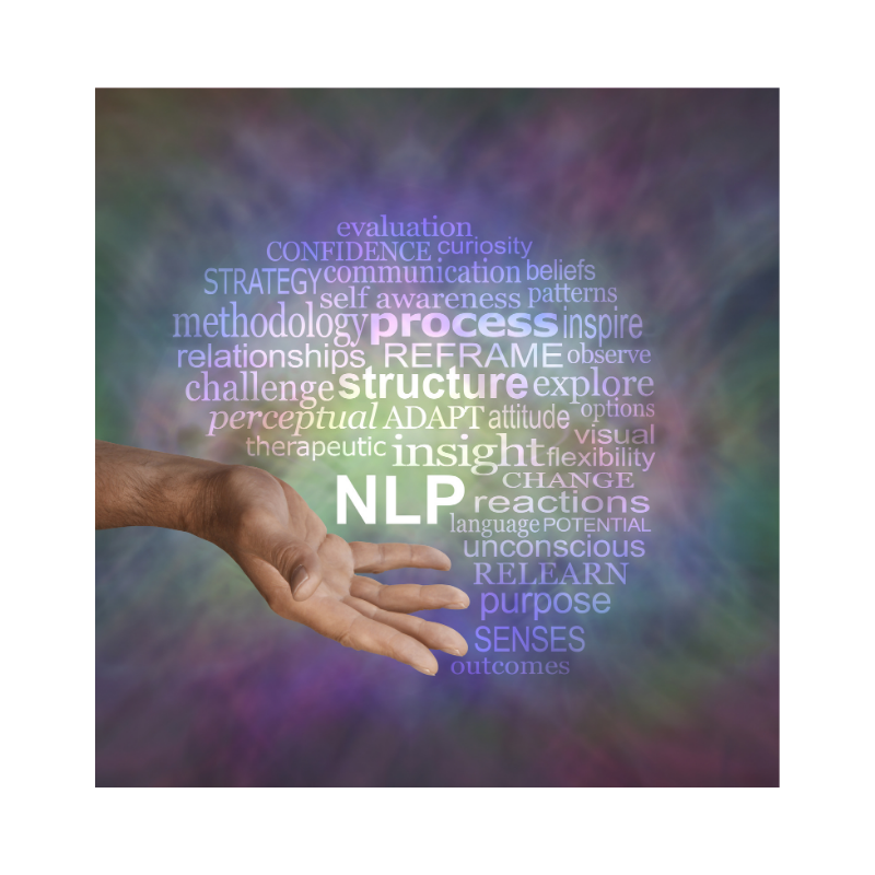 Hand reaching toward a colorful NLP word cloud with terms like “therapy,” “insight,” and “change”