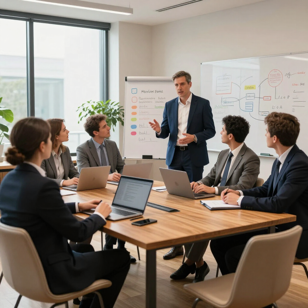 Business meeting in a conference room, with a presenter speaking to colleagues around a table with laptops and a whiteboard.