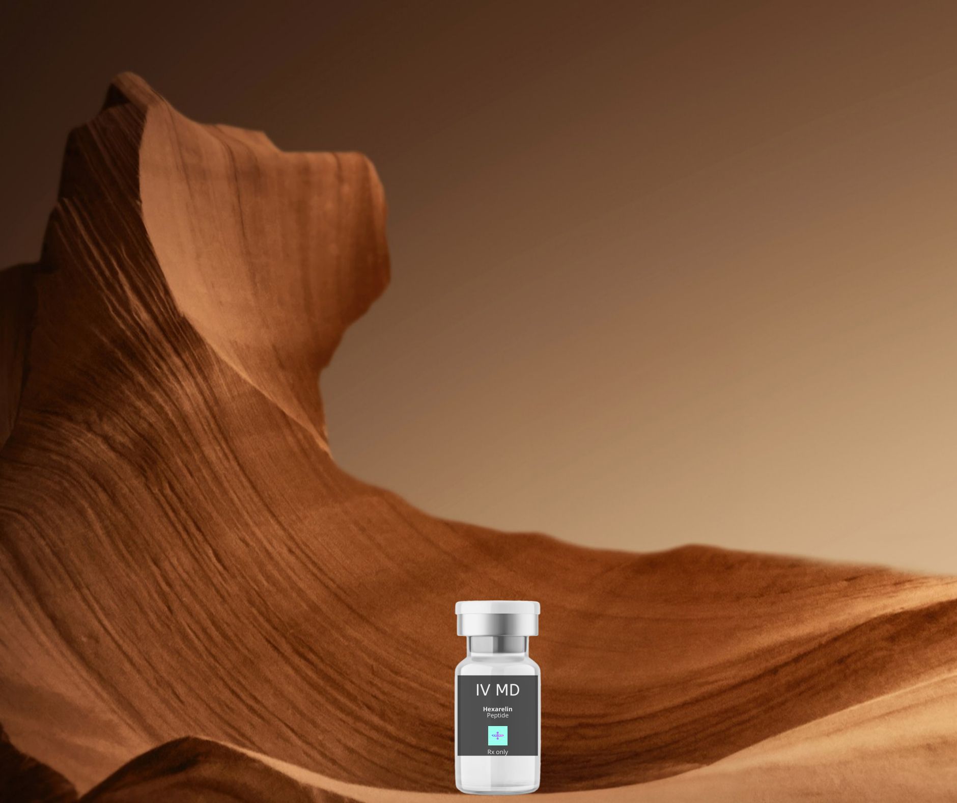 A small white serum bottle stands in the center foreground against a backdrop of smooth, undulating tan sandstone rock.