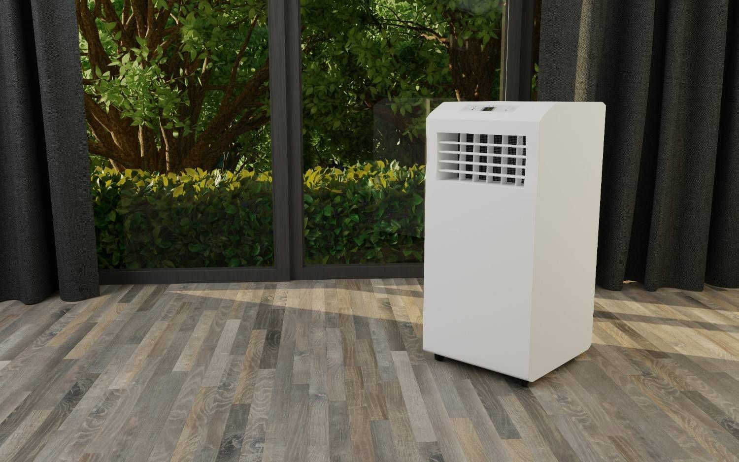 White portable air conditioner on wood floor by large windows — Magneto HVAC in Portsmith, QLD