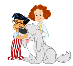 Boy in red-striped overalls pets a gray dog, a woman in a lab coat smiles next to them.