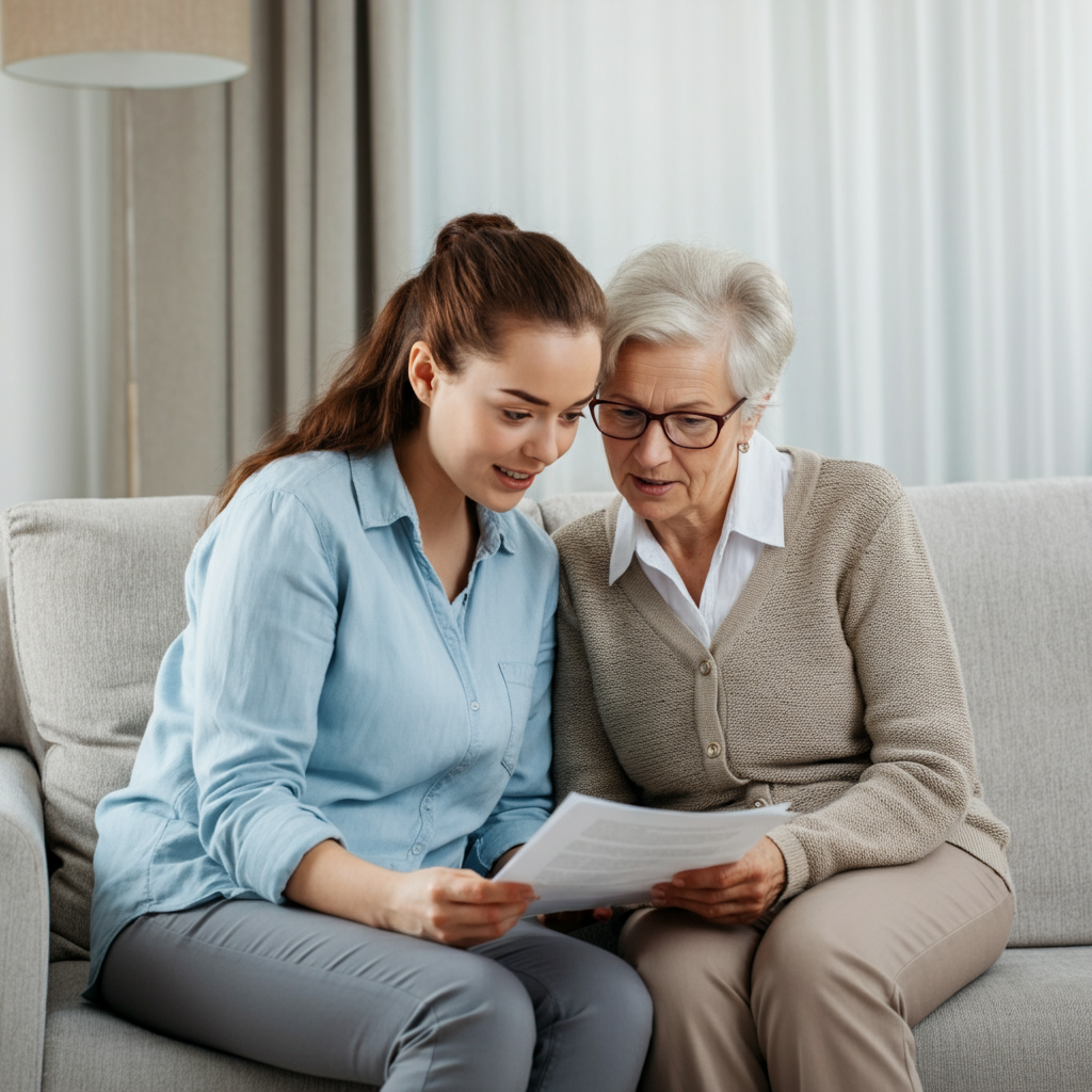 Two women are sitting on a couch looking at a piece of paper.
