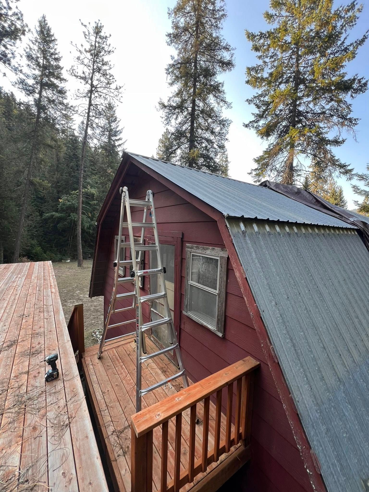 Red cabin with metal roof, ladder on wooden deck, surrounded by trees.