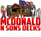 McDonald & Sons Decks logo: a deck illustration with a construction worker, and American flag. Red lettering and phone number.