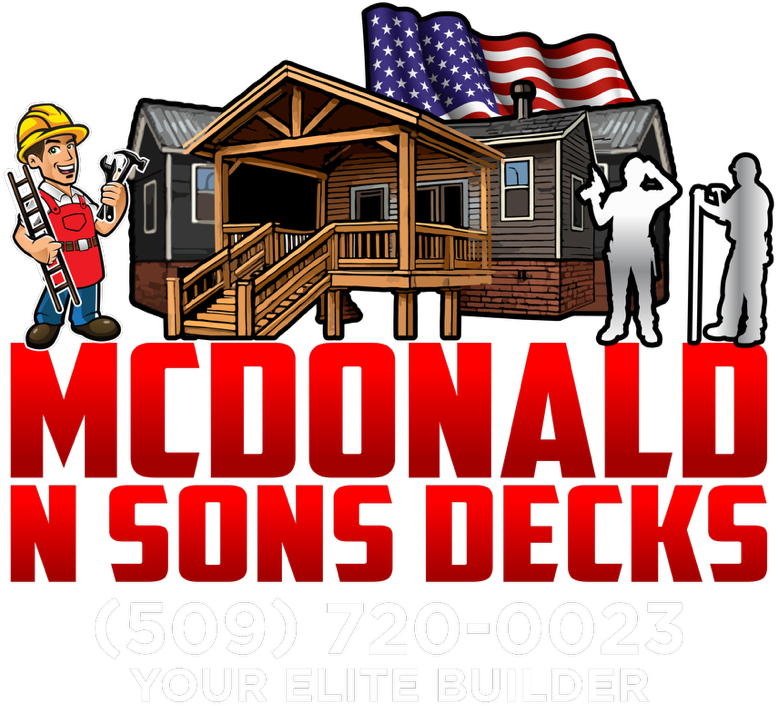 McDonald & Sons Decks logo: a deck illustration with a construction worker, and American flag. Red lettering and phone number.
