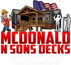 McDonald & Sons Decks logo: a deck illustration with a construction worker, and American flag. Red lettering and phone number.