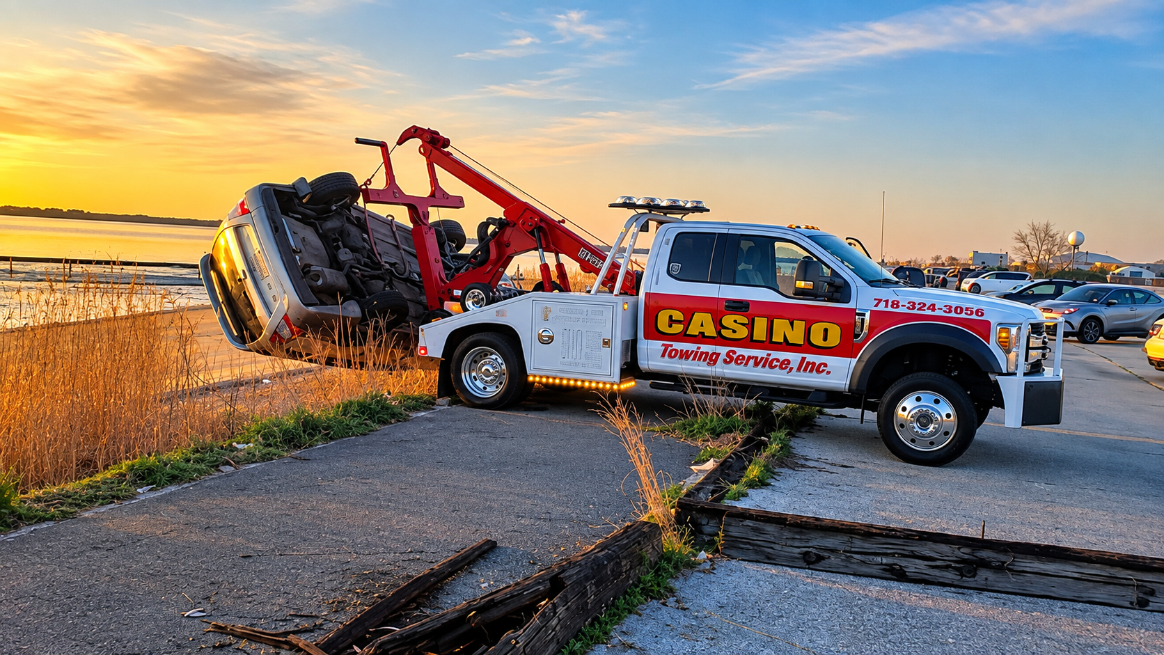 Tow truck lifting a white SUV beside a roadside canal at sunset, with a casino logo on the truck.