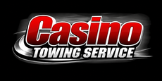 Casino Towing Service logo in red, white, and black text on a dark background