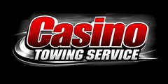 Casino Towing Service logo in red, white, and black text on a dark background
