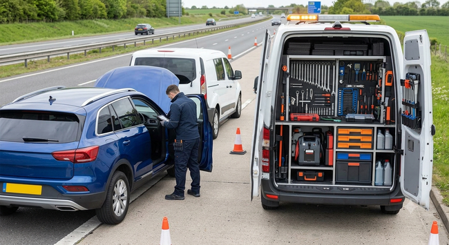 Roadside police stop with two vans, officers inspecting a blue SUV on a highway shoulder.