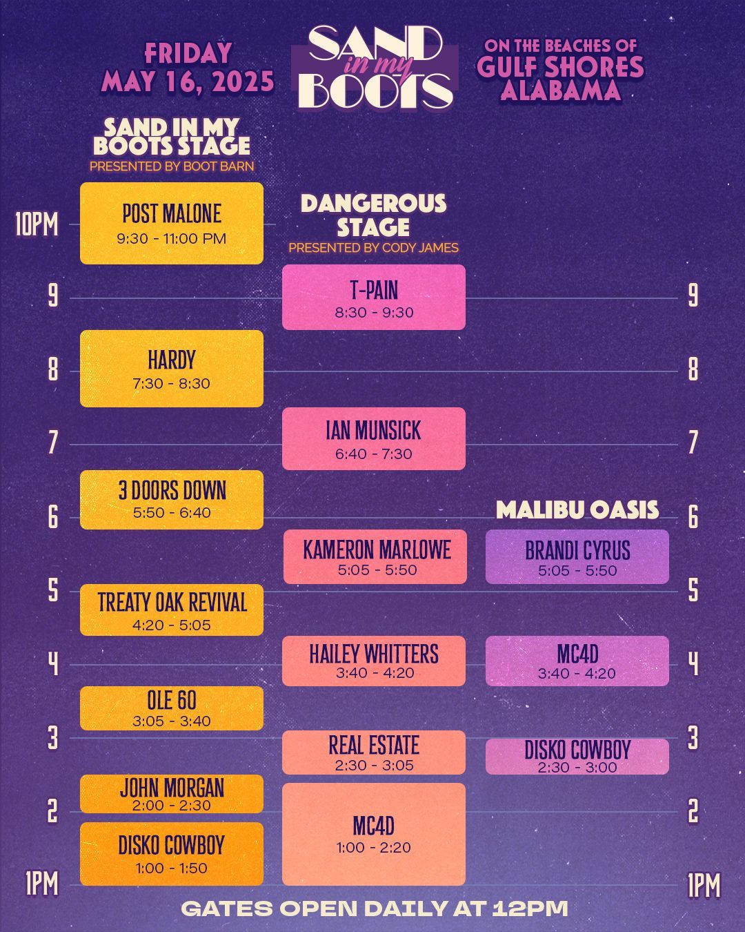 Sand in my boots music line up Friday