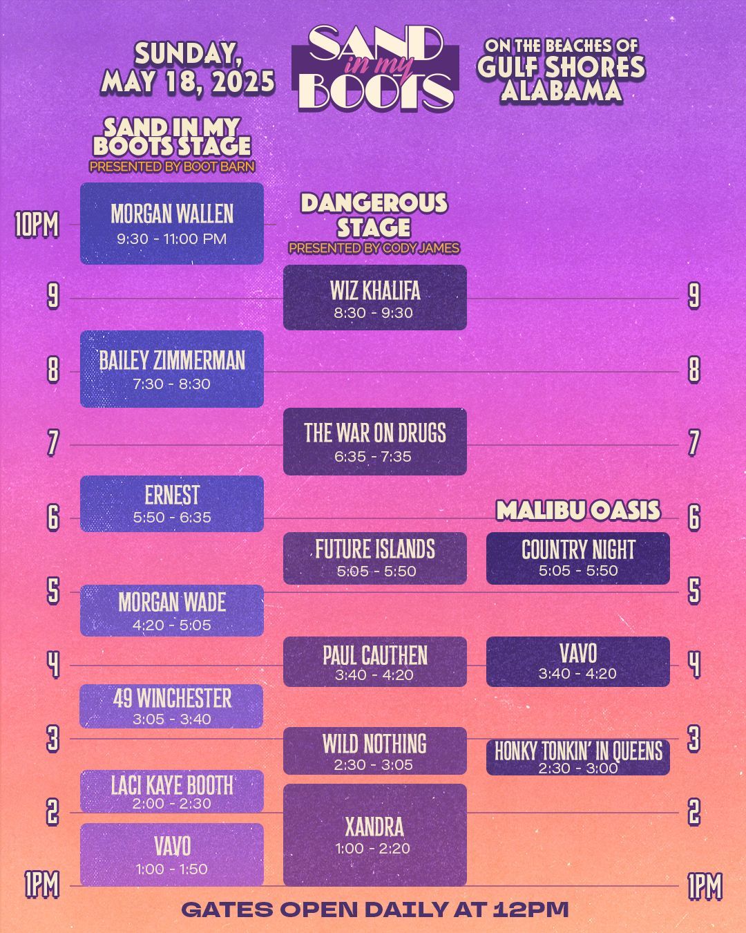 Sand in my boots music line up Sunday