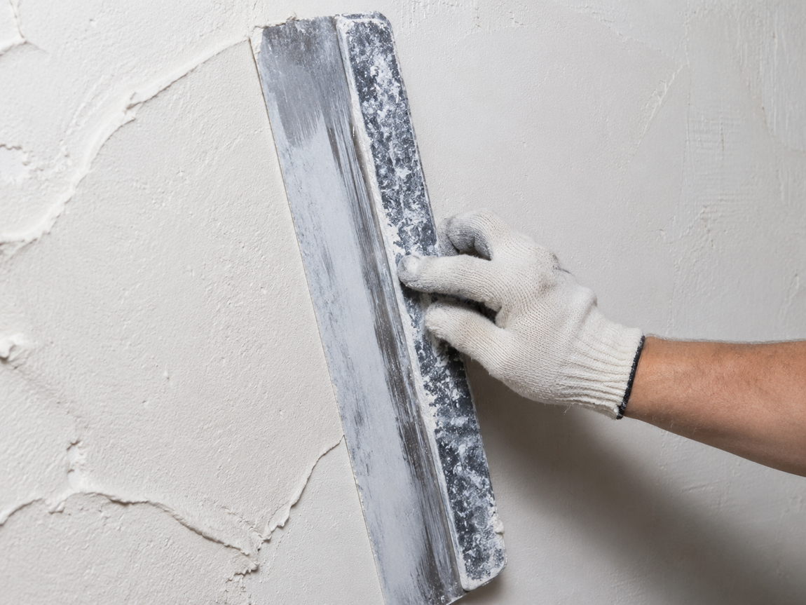 Close-up of a worker smoothing fresh plaster on a wall with a large finishing trowel.