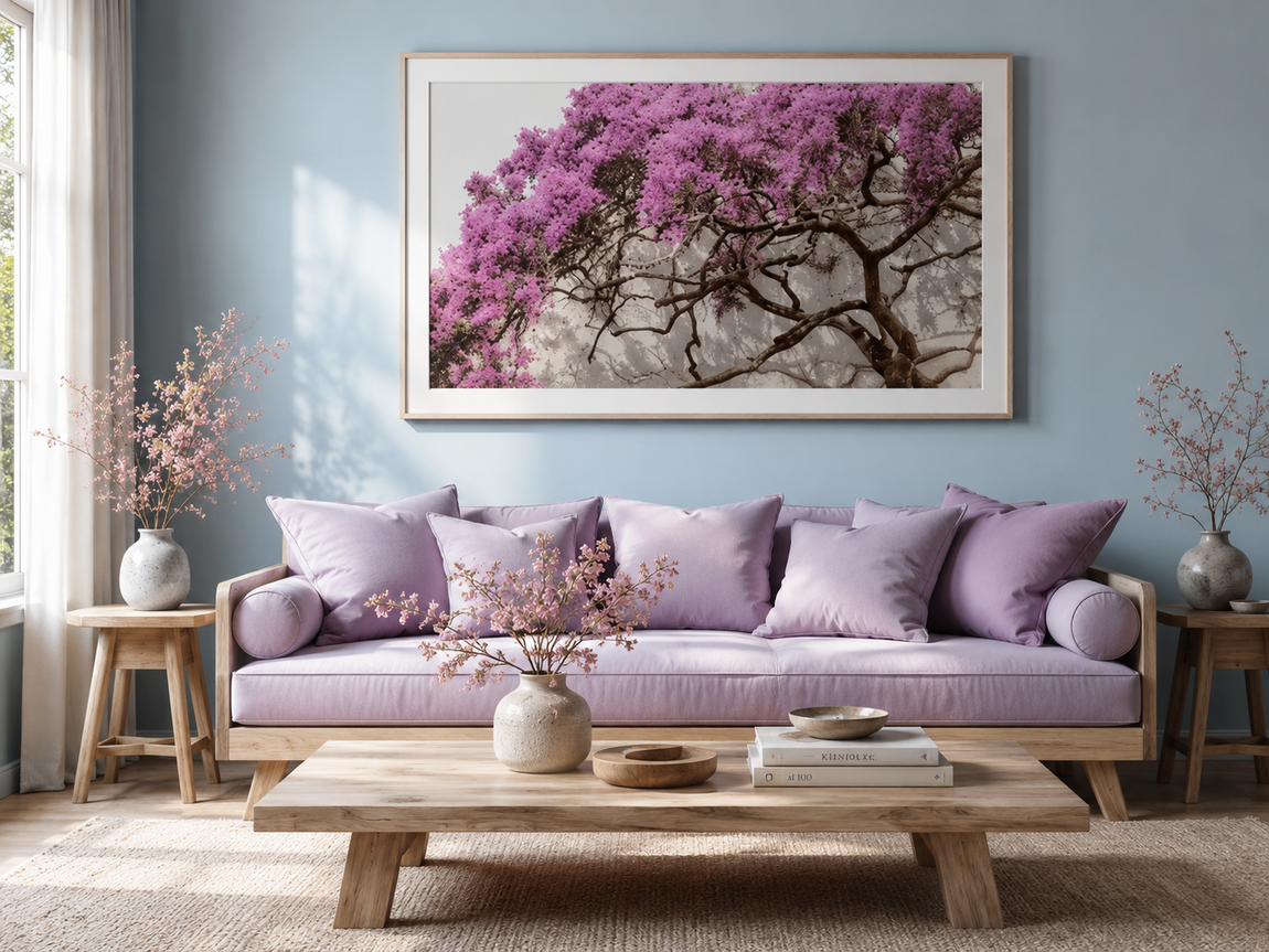 Living room with a lavender sofa, blue walls, wooden furniture, floral decor, and framed botanical artwork.