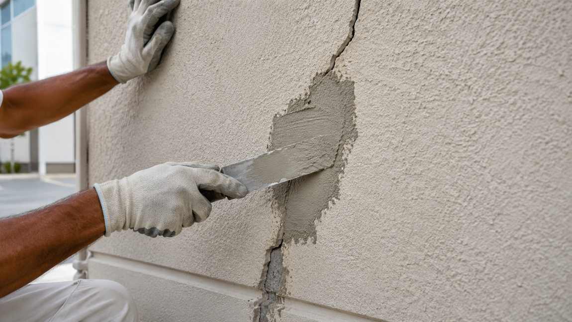 Close-up of a gloved worker smoothing fresh stucco onto a wall with a metal trowel.