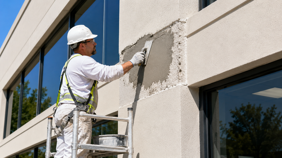Worker applying stucco to the exterior wall of a house using a finishing trowel.