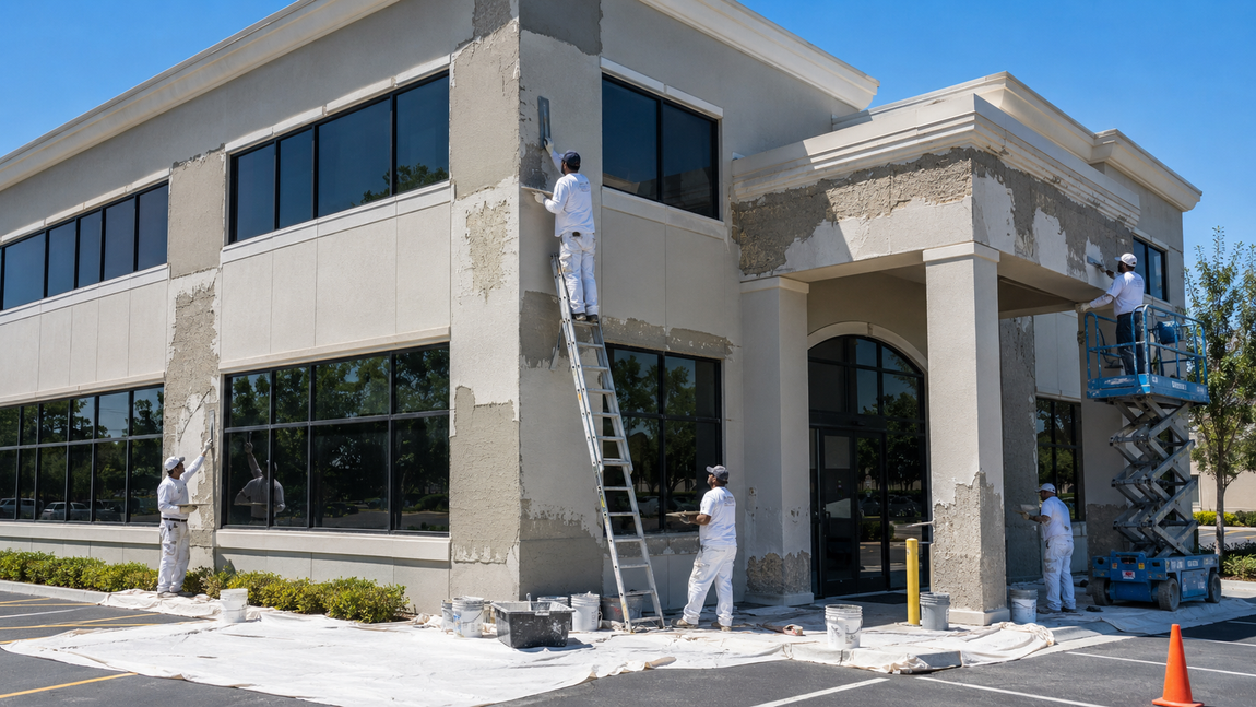 Modern two-story home undergoing exterior stucco renovation with ladders, work tables, and construction buckets in the driveway.