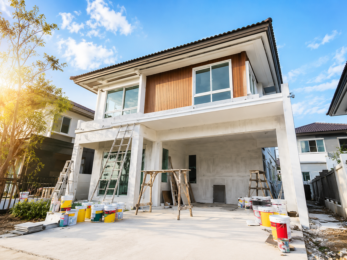 Two-story house undergoing exterior renovation with ladders, scaffolding, and construction supplies.