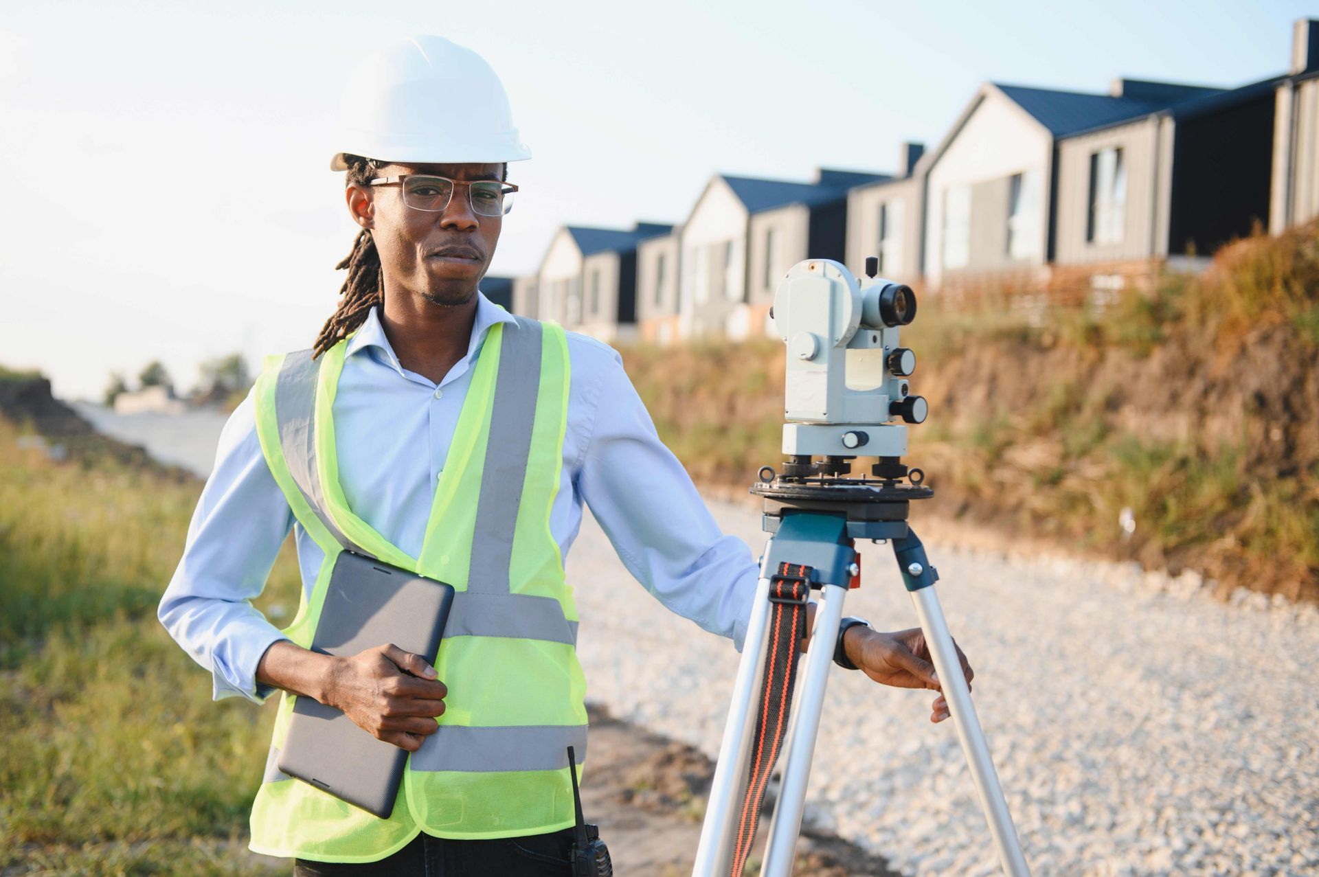 Surveyor in hard hat and safety vest using a tripod-mounted instrument at a residential construction site