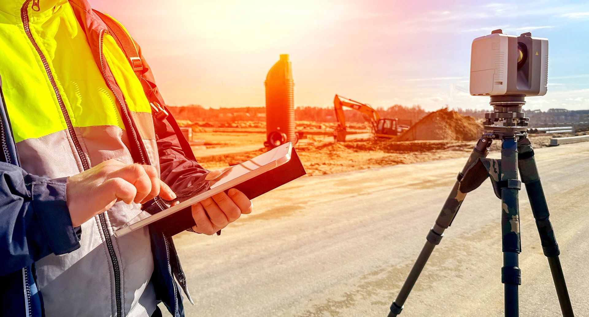 Surveyor in a reflective vest using a tablet beside a tripod-mounted device on a sunny road construction site