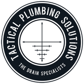 Black-and-white logo for Tactical Plumbing Solutions with &ldquo;The Drain Specialists&rdquo; and pipe graphic