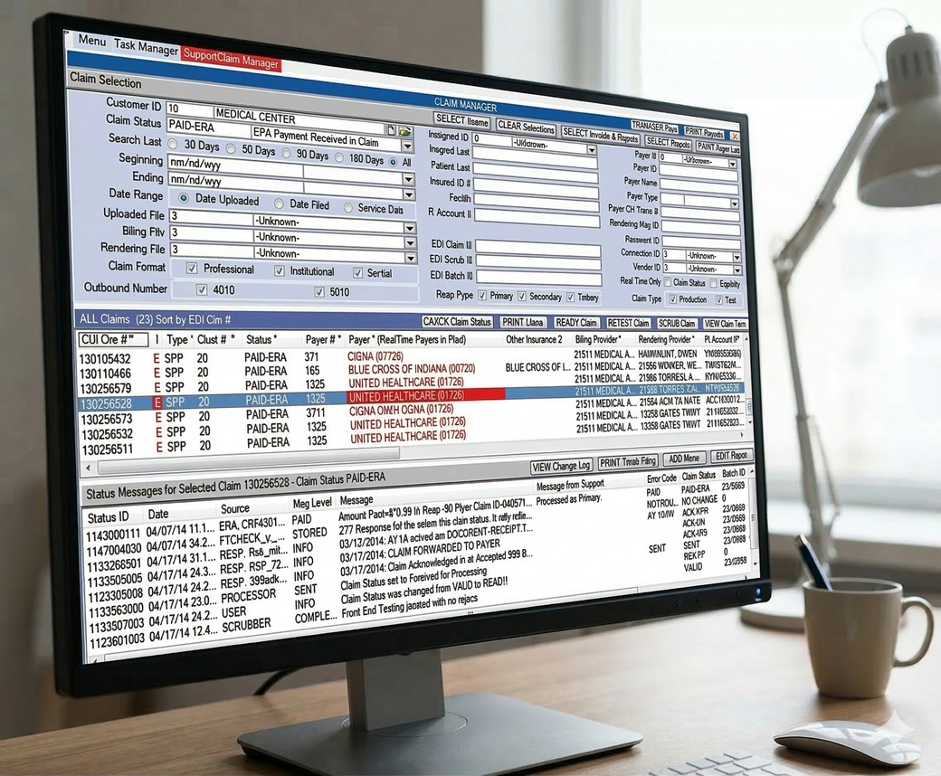 Example of Imspro's Claim Manager Screen Claim Manager screen in three sections. The top filters claims. The middle shows selected claims. The bottom shows details.