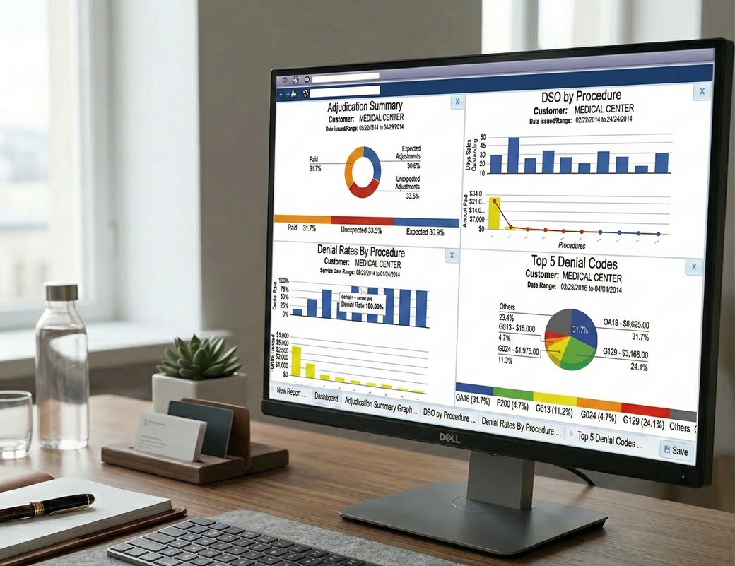 A screenshot of the ERA Denial Manager screen showing four graphs