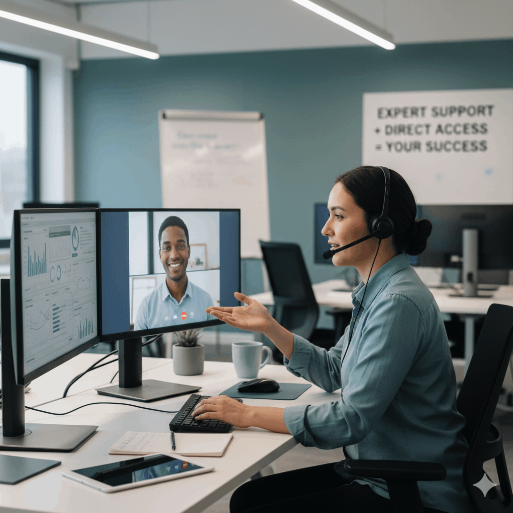 Your dedicated account manager provides full-service support for your practice. Woman with headset on video call with a man; both smiling. Office setting with monitors.