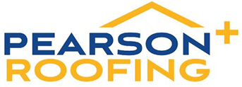 Pearson Roofing logo in blue and orange with a stylized yellow roof icon and plus sign