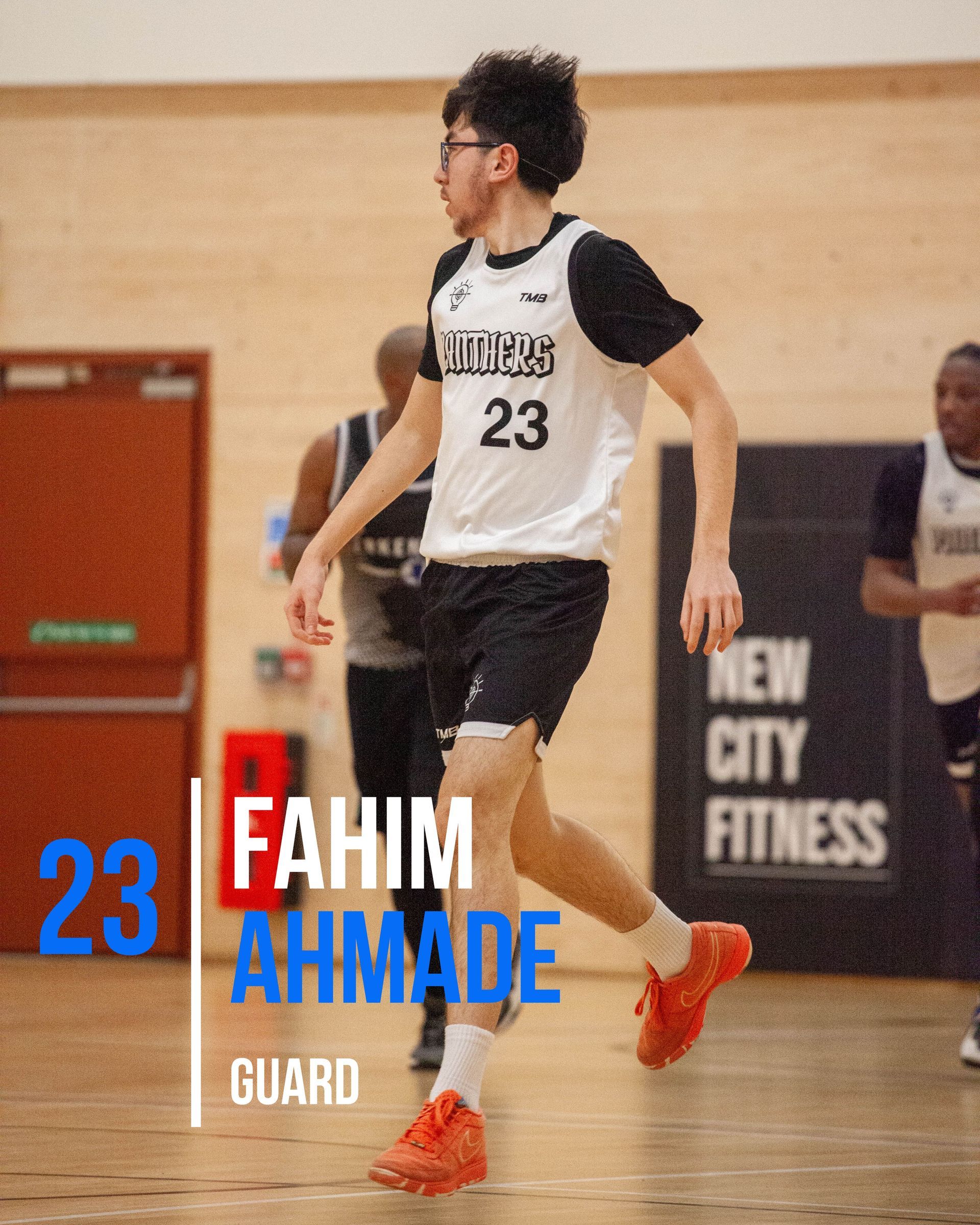 Basketball player Fahim Ahmade, wearing jersey number 23, runs on court, text reads 
